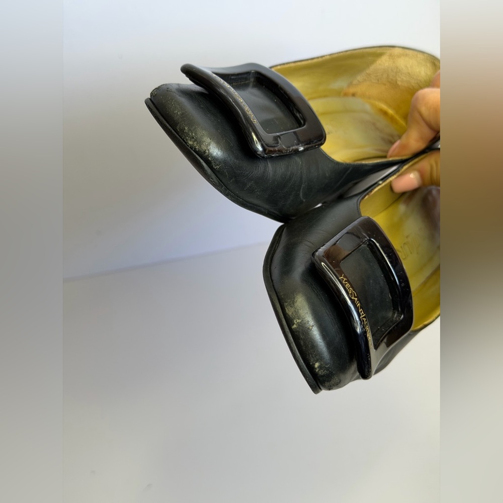 Yves Saint Laurent Black Leather Square-bow Block Heel Pumps Size 37 - Picture 6 of 11